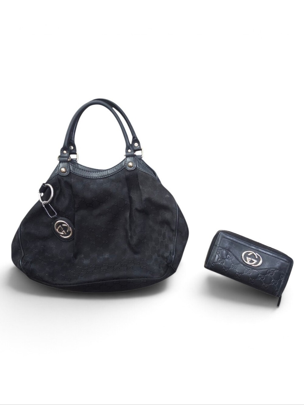 Gucci Black GG Monogram Shoulder Bag with Matching Wallet